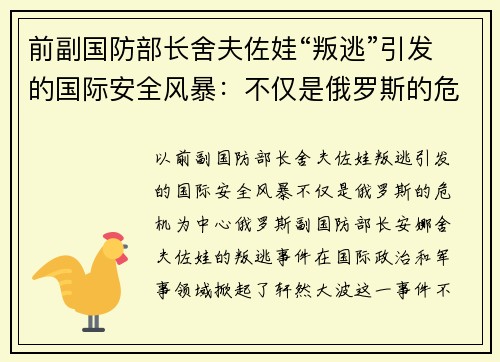 前副国防部长舍夫佐娃“叛逃”引发的国际安全风暴：不仅是俄罗斯的危机