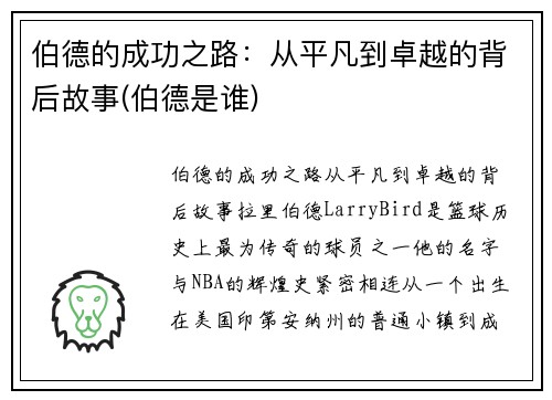 伯德的成功之路：从平凡到卓越的背后故事(伯德是谁)
