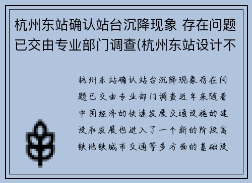 杭州东站确认站台沉降现象 存在问题已交由专业部门调查(杭州东站设计不合理)