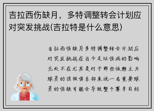 吉拉西伤缺月，多特调整转会计划应对突发挑战(吉拉特是什么意思)