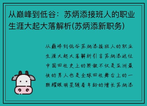 从巅峰到低谷：苏炳添接班人的职业生涯大起大落解析(苏炳添新职务)