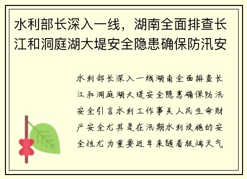 水利部长深入一线，湖南全面排查长江和洞庭湖大堤安全隐患确保防汛安全