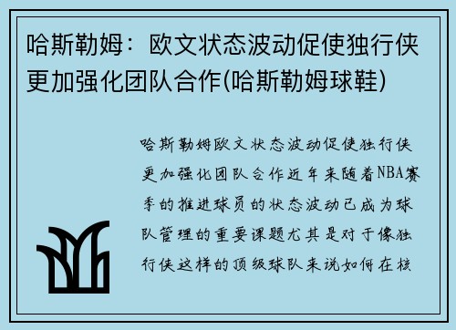 哈斯勒姆：欧文状态波动促使独行侠更加强化团队合作(哈斯勒姆球鞋)
