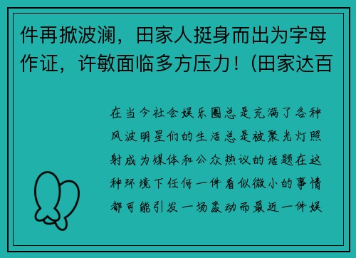 件再掀波澜，田家人挺身而出为字母作证，许敏面临多方压力！(田家达百科)