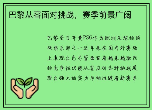 巴黎从容面对挑战，赛季前景广阔