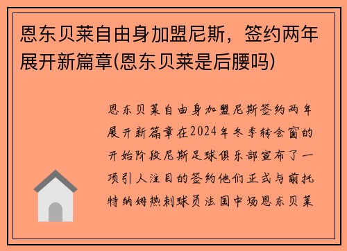恩东贝莱自由身加盟尼斯，签约两年展开新篇章(恩东贝莱是后腰吗)