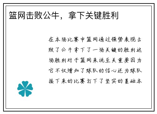 篮网击败公牛，拿下关键胜利