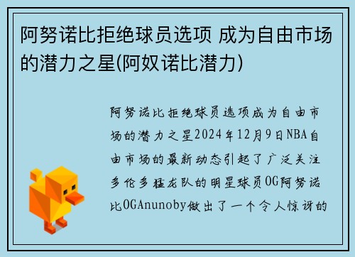 阿努诺比拒绝球员选项 成为自由市场的潜力之星(阿奴诺比潜力)