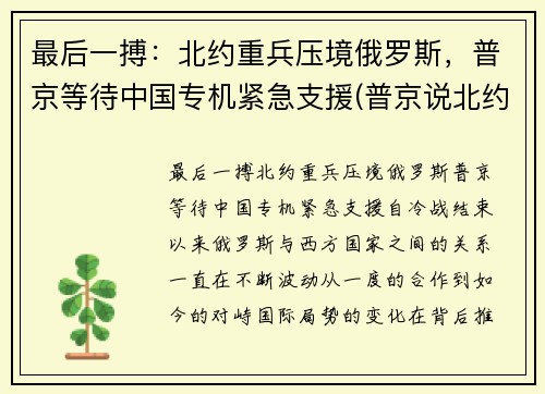 最后一搏：北约重兵压境俄罗斯，普京等待中国专机紧急支援(普京说北约已经没有存在的必要了)